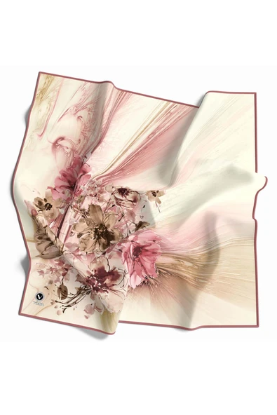 Twill Çiçek Desenli Pudra Renkli 90x90 Eşarp (İpek İçermez) Kenar Dikiş Şekli El Dikişli ürün görseli