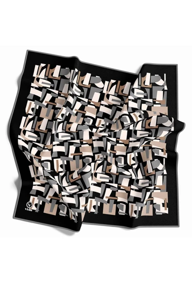 Twill Geometrik Desenli Bej - Gri Renkli 90x90 Eşarp (İpek İçermez) Dikim Şekli : El Dikişi ürün görseli