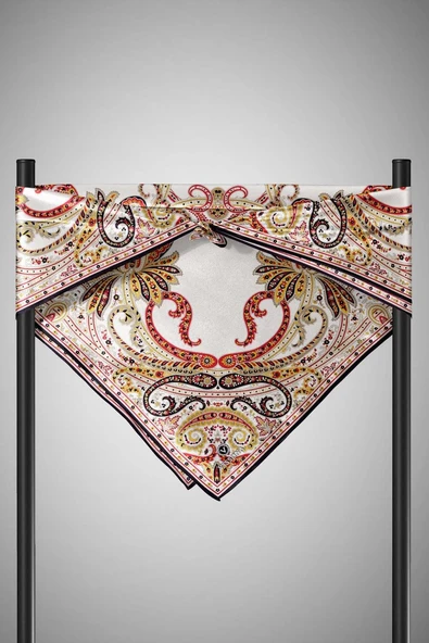 %100 Twill İpek Şal Desenli Siyah - Krem Renkli 90x90 Eşarp Dikim Şekli : El Dikişi - Resim 6