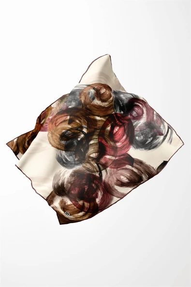 Twill Fırça Efektli Desenli Gül Kurusu Renkli 90x90 Eşarp (İpek İçermez) Kenar Dikiş Şekli El Dikişli - Resim 4