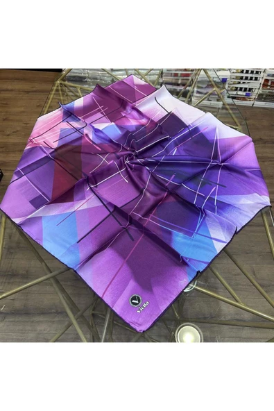 Kristal Geometrik Desenli Mor Renkli 90x90 Eşarp (İpek İçermez) Kenar Dikiş Şekli El Dikişli - Resim 2