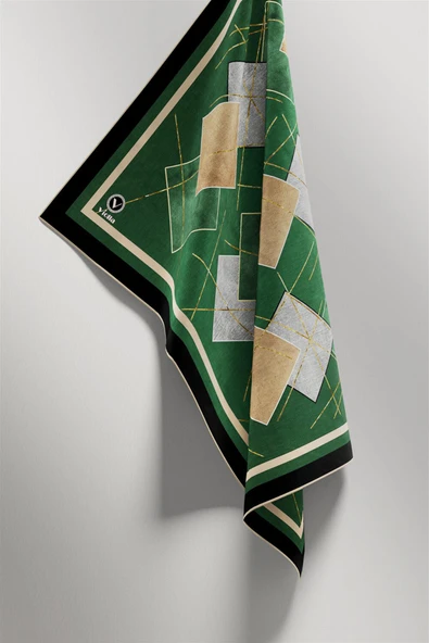 Twill Geometrik Desenli Petrol Yeşili Renkli 90x90 Eşarp (İpek İçermez) Kenar Dikiş Şekli El Dikişli - Resim 3