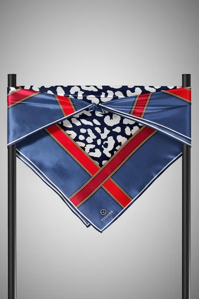 %100 Twill İpek Leopar Desenli İndigo - Kırmızı Renkli 90x90 Eşarp Dikim Şekli : El Dikişi - Resim 6