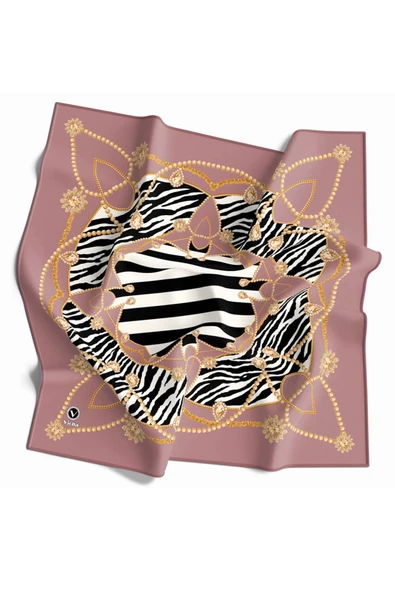 Twill Gold Detaylı Zebra Desenli Gül Kurusu Renkli 90x90 Eşarp (İpek İçermez) Kenar Dikiş Şekli El Dikişli ürün görseli