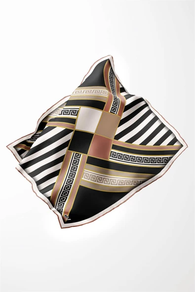 Twill Çizgili Geometrik Desenli Somon Renkli 90x90 Eşarp (İpek İçermez) Kenar Dikiş Şekli El Dikişli - Resim 3