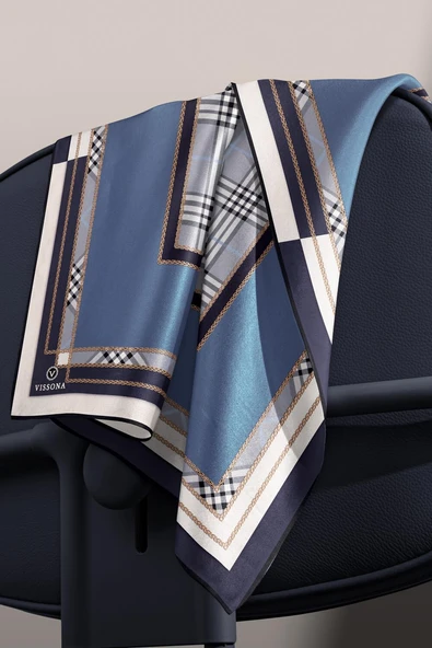 %100 Twill İpek Ekose Desenli İndigo Renkli 90x90 Eşarp Dikim Şekli : El Dikişi - Resim 3