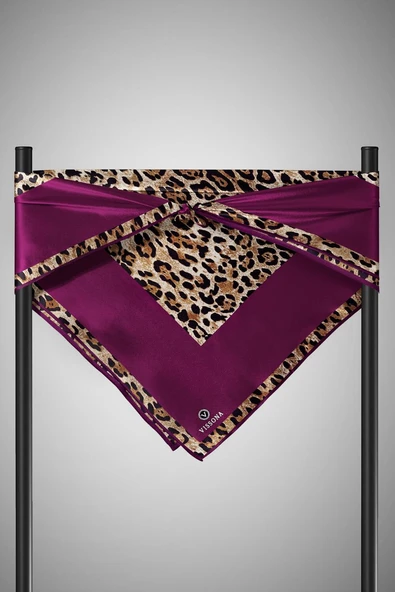 %100 Twill İpek Leopar Desenli Mürdüm Renkli 90x90 Eşarp Dikim Şekli : El Dikişi - Resim 6