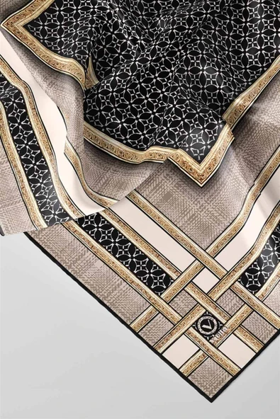 Twill Gold Bordürlü Geometrik Desenli Bej Renkli 90x90 Eşarp (İpek İçermez) Kenar Dikiş Şekli El Dikişli - Resim 3