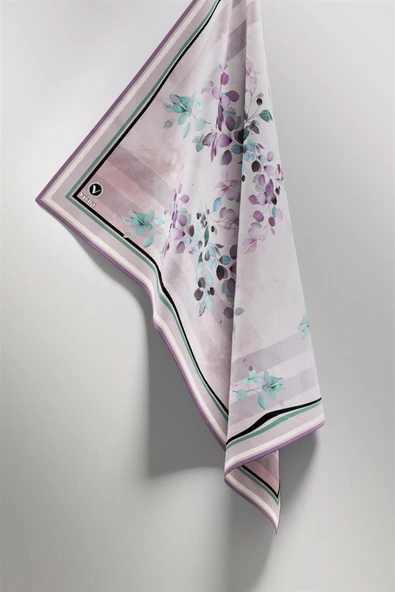 Twill Çiçek Desenli Lila Renkli 90x90 Eşarp (İpek İçermez) Kenar Dikiş Şekli El Dikişli - Resim 5