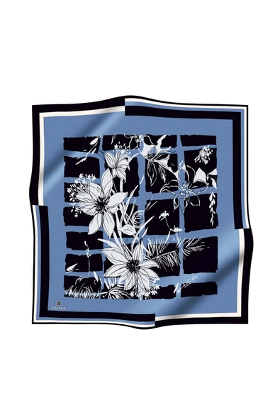 %100 Twill İpek Çiçekli ve Geometrik Desenli İndigo - Siyah Renkli 90x90 Eşarp Dikim Şekli : El Dikişi - Resim 2