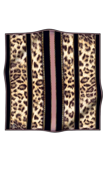 %100 Twill İpek Leopar Desenli Pudra - Siyah Renkli 90x90 Eşarp Dikim Şekli : El Dikişi - Resim 2