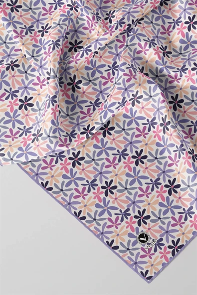 Twill Renkli Çiçek Desenli Lila Renkli 90x90 Eşarp (İpek İçermez) Kenar Dikiş Şekli El Dikişli - Resim 3