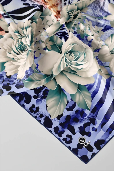 Twill Renkli Şerit Desenli İndigo - Taba  Renkli 90x90 Eşarp (İpek İçermez) Kenar Dikiş Şekli El Dikişli - Resim 2