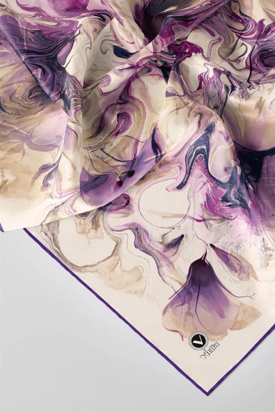 Twill Soyut Desenli Mor Renkli 90x90 Eşarp (İpek İçermez) Kenar Dikiş Şekli El Dikişli - Resim 2