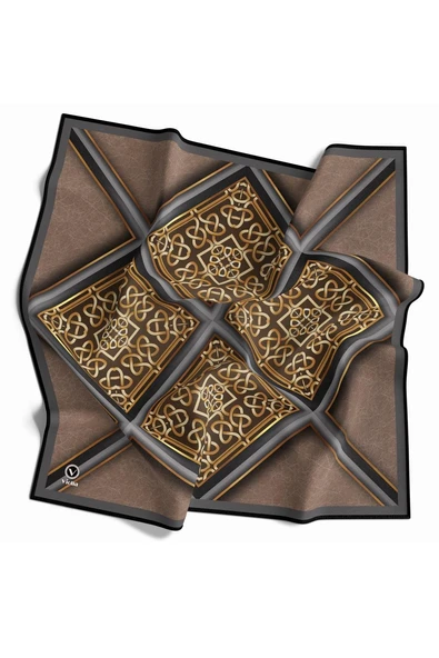 Twill Gold Çerçeveli Barok Desenli Bej Renkli 90x90 Eşarp (İpek İçermez) Kenar Dikiş Şekli El Dikişli - Resim 2