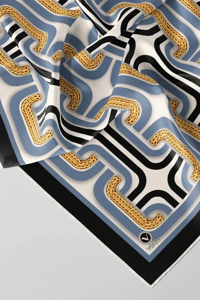 Twill Geometrik Zincir Desenli İndigo Renkli 90x90 Eşarp (İpek İçermez) Kenar Dikiş Şekli El Dikişli - Resim 3