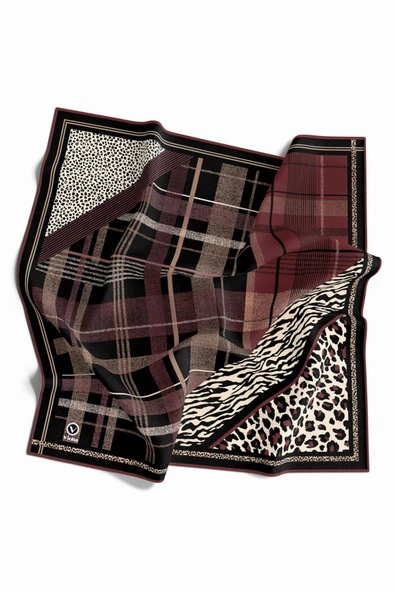 Kristal Ekose ve Leopar Desenli Gül Kurusu Renkli 90x90 Eşarp (İpek İçermez) Kenar Dikiş Şekli El Dikişli ürün görseli