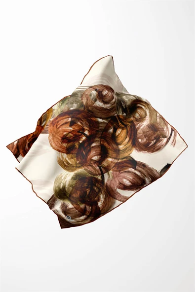 Twill Fırça Efektli Desenli Taba Renkli 90x90 Eşarp (İpek İçermez) Kenar Dikiş Şekli El Dikişli - Resim 4