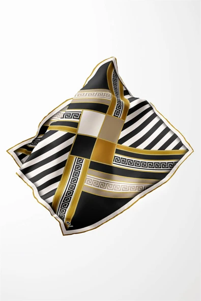 Twill Çizgili Geometrik Desenli Hardal Renkli 90x90 Eşarp (İpek İçermez) Kenar Dikiş Şekli El Dikişli - Resim 2