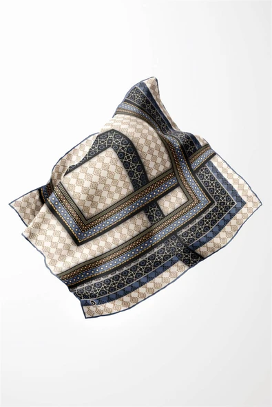 Twill Etnik Desenli Bebe Mavisi Renkli 90x90 Eşarp (İpek İçermez) Kenar Dikiş Şekli El Dikişli - Resim 3