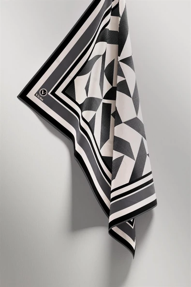 Twill Geometrik Desenli Füme Renkli 90x90 Eşarp (İpek İçermez) Kenar Dikiş Şekli El Dikişli - Resim 4