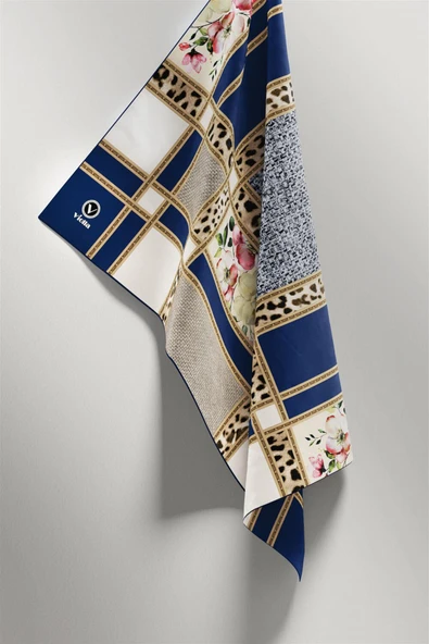 Twill Leopar ve Çiçek Desenli Lacivert - Krem Renkli 90x90 Eşarp (İpek İçermez) Dikim Şekli : El Dikişi - Resim 2