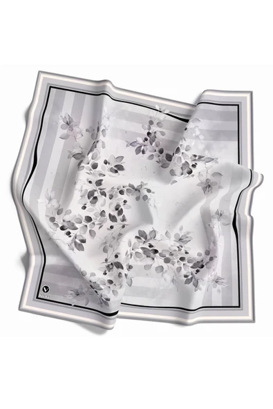 Twill Çiçek Desenli Gri Renkli 90x90 Eşarp (İpek İçermez) Kenar Dikiş Şekli El Dikişli ürün görseli