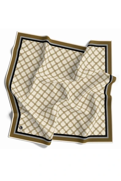 Twill Minik Motifli Geometrik Desenli Bej - Kahverengi Renkli 90x90 Eşarp (İpek İçermez) Dikim Şekli : El Dikişi ürün görseli