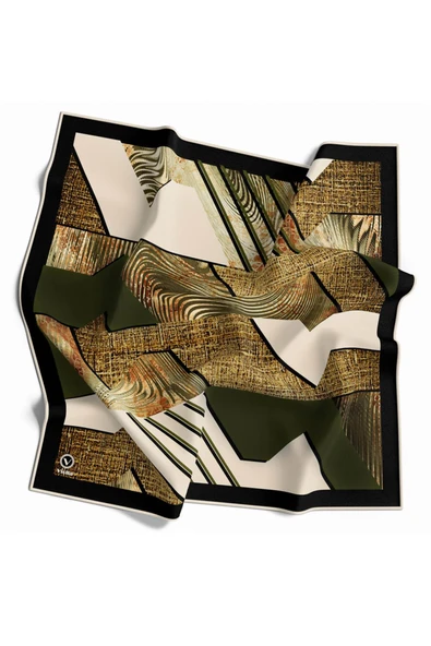 Twill Dalgalı Geometrik Desenli Haki Renkli 90x90 Eşarp (İpek İçermez) Kenar Dikiş Şekli El Dikişli ürün görseli