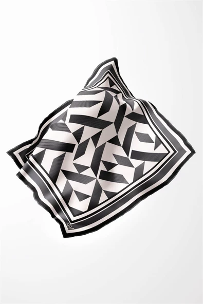 Twill Geometrik Desenli Füme Renkli 90x90 Eşarp (İpek İçermez) Kenar Dikiş Şekli El Dikişli - Resim 3