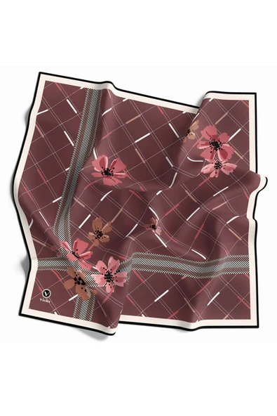 Twill Papatya Desenli Gül Kurusu Renkli 90x90 Eşarp (İpek İçermez) Kenar Dikiş Şekli El Dikişli - Resim 2