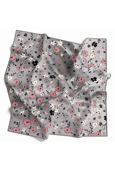 Rayon Papatya Desenli Gri Renkli 90x90 Eşarp (İpek İçermez) Kenar Dikiş Şekli El Dikişli ürün görseli 1