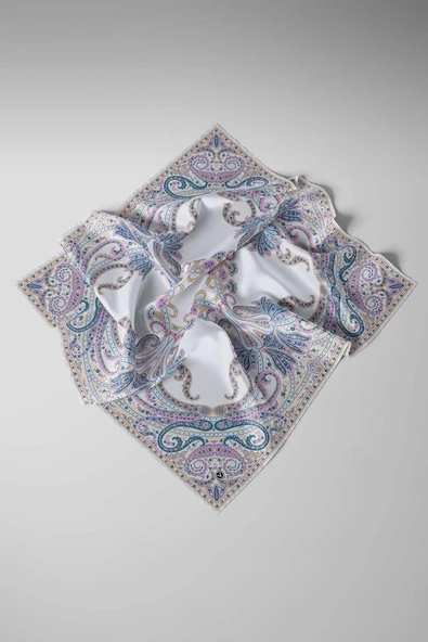 %100 Twill İpek Şal Desenli Gri Renkli 90x90 Eşarp Dikim Şekli : El Dikişi - Resim 4