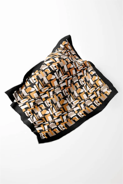 Twill Geometrik Desenli Hardal - Bej Renkli 90x90 Eşarp (İpek İçermez) Dikim Şekli : El Dikişi - Resim 3