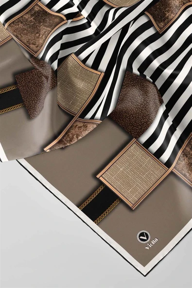 Twill Geometrik Ve Çizgili Desenli Taş Renkli 90x90 Eşarp (İpek İçermez) Dikim Şekli : El Dikişi - Resim 2