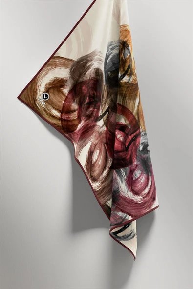 Twill Fırça Efektli Desenli Gül Kurusu Renkli 90x90 Eşarp (İpek İçermez) Kenar Dikiş Şekli El Dikişli - Resim 5