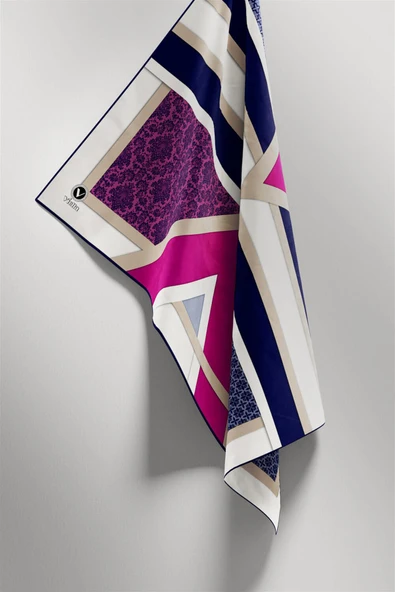 Twill Geometrik Barok Desenli Mürdüm - Lacivert Renkli 90x90 Eşarp (İpek İçermez) Kenar Dikiş Şekli El Dikişli - Resim 5