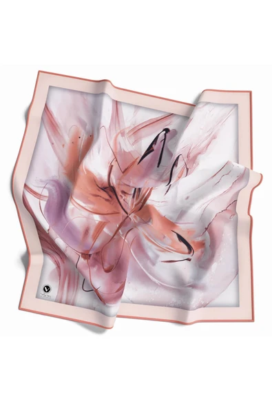Twill Çiçek Tablo Desenli Somon Renkli 90x90 Eşarp (İpek İçermez) Kenar Dikiş Şekli El Dikişli ürün görseli