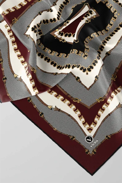 Twill Bordürlü ve Zincir Desenli Bordo Renkli 90x90 Eşarp (İpek İçermez) Kenar Dikiş Şekli El Dikişli - Resim 2