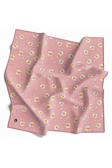 Twill Papatya Desenli Pudra Renkli 90x90 Eşarp (İpek İçermez) Kenar Dikiş Şekli El Dikişli ürün görseli