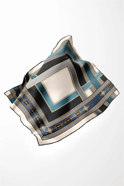 Twill Gold Detaylı ve Antik Motif Desenli İndigo Renkli 90x90 Eşarp (İpek İçermez) Kenar Dikiş Şekli El Dikişli - Resim 4