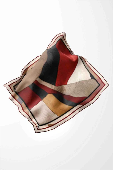 Twill Geometrik Desenli Bordo Renkli 90x90 Eşarp (İpek İçermez) Kenar Dikiş Şekli El Dikişli - Resim 3