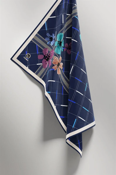 Twill Papatya Desenli İndigo Renkli 90x90 Eşarp (İpek İçermez) Kenar Dikiş Şekli El Dikişli - Resim 5