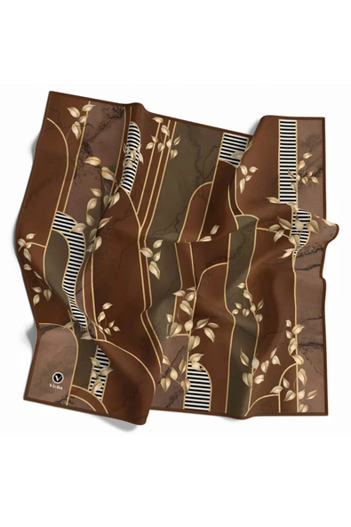 Twill Yapraklı Ve Geometrik Desenli Taba Renkli 90x90 Eşarp (İpek İçermez) Kenar Dikiş Şekli El Dikişli - Resim 2