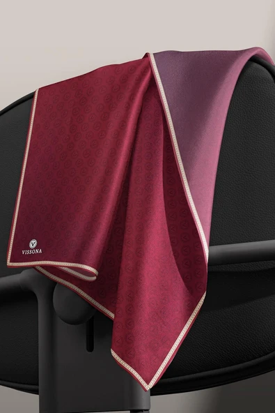 %100 Twill İpek Monogram Desenli Bordo Renkli 90x90 Eşarp Dikim Şekli : El Dikişi - Resim 3