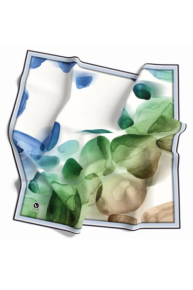 Twill Sulu Boya Desenli Saks - Zümrüt Yeşili Renkli 90x90 Eşarp (İpek İçermez) Kenar Dikiş Şekli El Dikişli ürün görseli 1