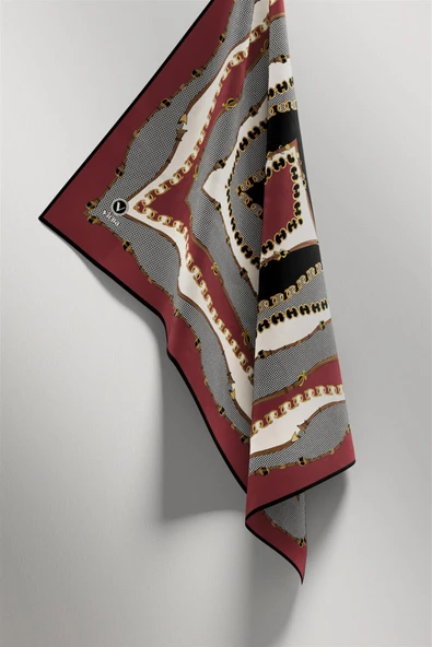 Twill Bordürlü ve Zincir Desenli Gül Kurusu Renkli 90x90 Eşarp (İpek İçermez) Kenar Dikiş Şekli El Dikişli - Resim 4