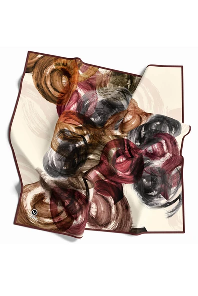 Twill Fırça Efektli Desenli Gül Kurusu Renkli 90x90 Eşarp (İpek İçermez) Kenar Dikiş Şekli El Dikişli - Resim 2