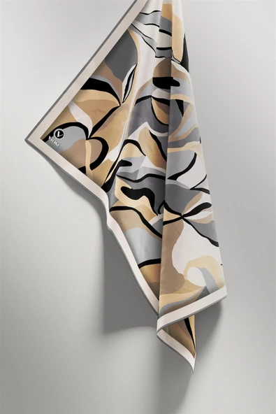 Twilll Büyük Yaprak Desenli Gri - Bej Renkli 90x90 Eşarp (İpek İçermez) Kenar Dikiş Şekli El Dikişli - Resim 4