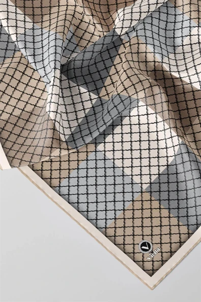 Twill Kare Desenli Bej Renkli 90x90 Eşarp (İpek İçermez) Kenar Dikiş Şekli El Dikişli - Resim 2